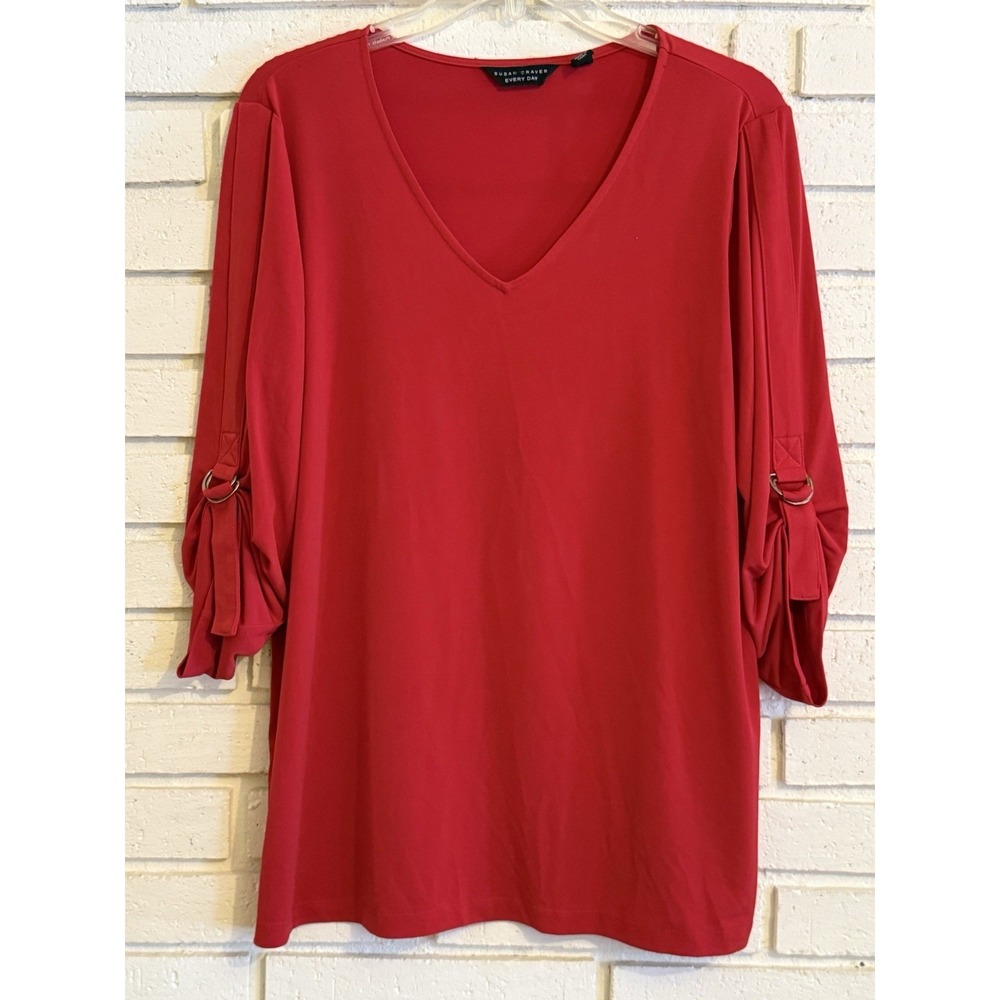 Susan Graver Every Day Liquid Knit Top with D-Ring Sleeve Detail Red Size Medium